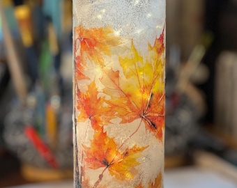 Lighted Glass Vase – Hand Decoupaged Sugar Maple Leaves, Autumn Decor, LED Lights