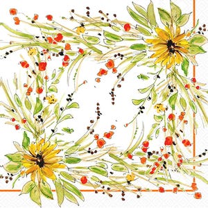 Puede incluir: Servilleta cuadrada de papel blanco con un diseño floral en acuarela. El diseño presenta girasoles amarillos, bayas naranjas, hojas verdes y tallos marrones. Un borde naranja enmarca el arreglo floral.