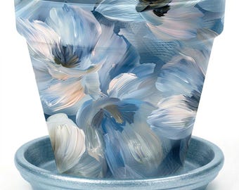 Terra Cotta Flower Pot: Moody Winter Blues - Blue and Silver Holiday Decor