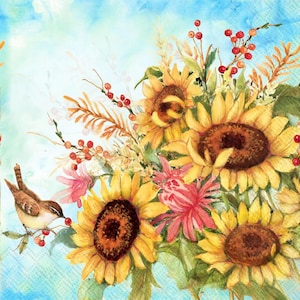 Puede incluir: Pintura a la acuarela de girasoles, flores rosas y bayas rojas sobre un fondo de cielo azul. Un pequeño pájaro marrón se posa en una rama, picoteando bayas. La obra tiene un estilo suave y pictórico.