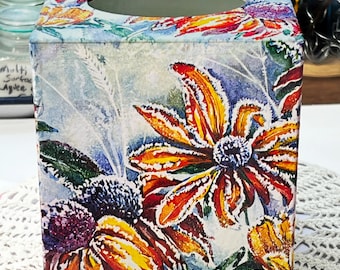 Handcrafted Decoupage Tissue Box Cover: Autumn Fall Frosted Coneflowers