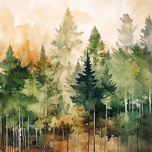 May include: Watercolor painting of a forest scene with tall evergreen trees in shades of green and brown. The artwork depicts a misty, atmospheric landscape with a soft, blurred background and detailed foreground.