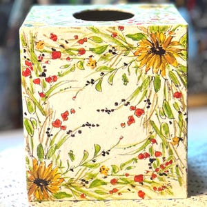 Tissue Box Cover: Autumn Sunflower With Trailing Vines and Berries Hand Decoupaged