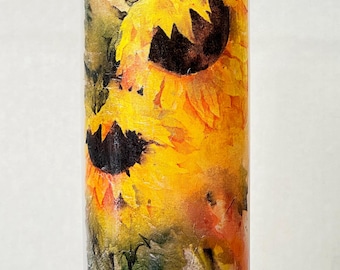Frosted Glass Sunflower Vase: Sunflowers at Dawn Handcrafted Decoupage Centerpiece with Fairy Lights For Home or Reception