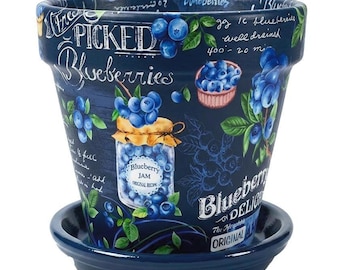 Terra Cotta Flower Pot: Fresh Blueberries Handcrafted Decoupage Colorful Blueberry Planter Gift