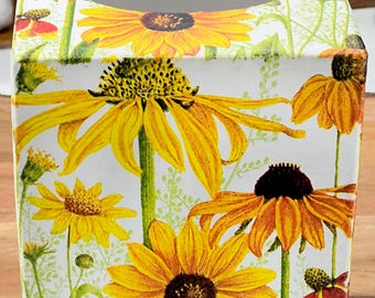 Handcrafted Decoupage Tissue Box Cover: Spring Summer Fall Sunny Delight Yellow Sunflowers Grassy Meadow Cone Flowers