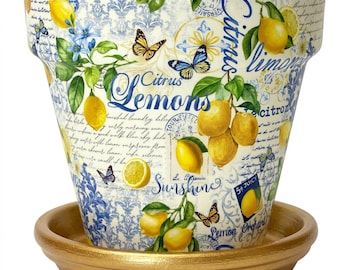 Terra Cotta Plant Pot: Vintage Lemons and Butterflies Handcrafted Decoupage Old Tyme Garden Decor