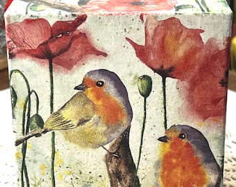 Handcrafted Decoupage Tissue Box Cover: Robin Swaying on Poppy's