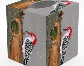 Tissue Box Cover: Downy Woodpecker Decorating For The Winter Holidays Hand Decoupaged and Unique
