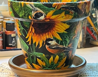 Terra Cotta Flower Pot: Chickadees and Goldfinches Handcrafted Decoupage Fall Home Patio Decor
