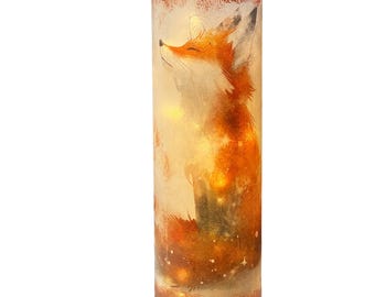 Glass Candle Vase Holder Fairy String Lights:  Fanciful Red Fox Lighted Frosted Gift for the Backyard Nature Lover Handcrafted Decoupage