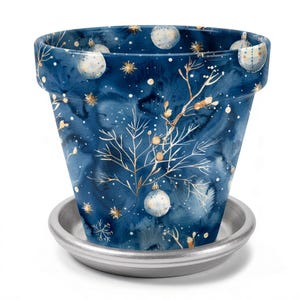 Terra Cotta Flower Pot: Midnight Winter Frost In Blue and Silver