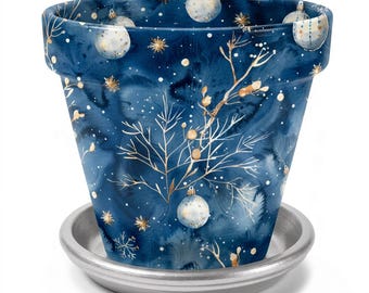Terra Cotta Flower Pot: Midnight Winter Frost In Blue and Silver