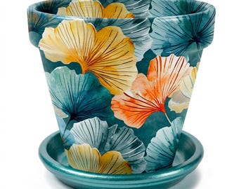Terra Cotta Flower Pot: Autumn Radiance Ginkgo Biloba Leaves In Teal and Gold