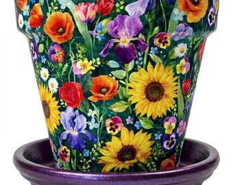 Terra Cotta Flower Pot: Summer Splash Bouquet Handcrafted Decoupage Colorful Gift for Green Thumb