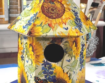 Handcrafted Decoupage 9" Octagonal Birdhouse: Sunflowers and Larkspur