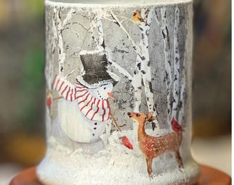 Handcrafted Decoupage 4" Lighted Frosted Glass Candle Vase Holder With Flickering Votive Candle: Snowman and Friends