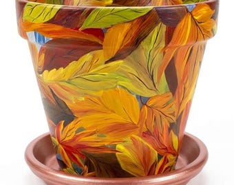 Terra Cotta Flower Pot: Abstract Fall Leaves to Welcome Friends and Family on a Cool Autumn Day