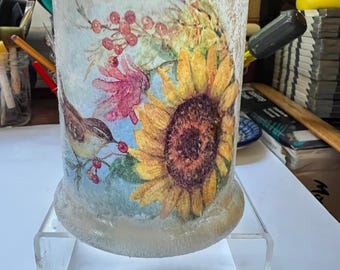 Handcrafted Decoupage 4" Lighted Frosted Glass Candle Vase Holder With Flickering Votive Candle: Autumn Decor