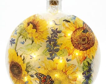 Lighted Glass Round Bottle: Sunflowers And Larkspur Nightlight Soft Fairy Lights