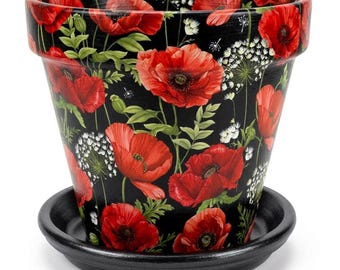 Terra Cotta Flower Pot - Poppy's and Queen Anne's Lace Handcrafted Decoupage Matching Saucer