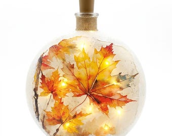 Lighted Glass Round Bottle: Autumn Sugar Maple Leaves Nightlight Soft Fairy Lights