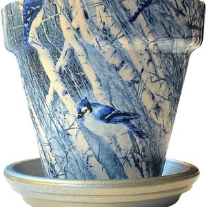 Blue Jay Decoupage Plant Pot: 6" Terra Cotta, Winter Birch Trees