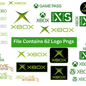 May include: A collection of 62 green and black digital logo files featuring various Xbox branding elements, including Xbox 360, Xbox One, Xbox Series XS, Xbox Game Pass, and Xbox Live Arcade, displayed as a grid of individual graphic icons.