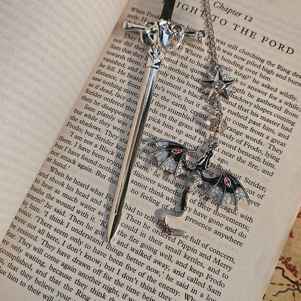 Fantasy Sword, With Dragon Pendant Metal Bookmark