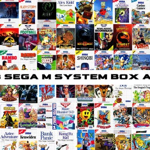 Peut inclure: Une grille de boîtes de jeux Sega Master System, présentant divers titres avec des illustrations colorées. L'image comprend des jeux comme "Alien Storm", "Mortal Kombat" et "Sonic the Hedgehog". Le texte indique "313 SEGA M SYSTEM BOX ART".