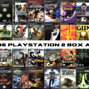 Puede incluir: Un collage de 2586 portadas de juegos de PlayStation 2. Las portadas presentan una variedad de géneros, que incluyen acción, aventura, carreras, deportes y juegos de rol. Las portadas están dispuestas en una cuadrícula, con cada portada mostrando el título del juego, el logotipo y capturas de pantalla.