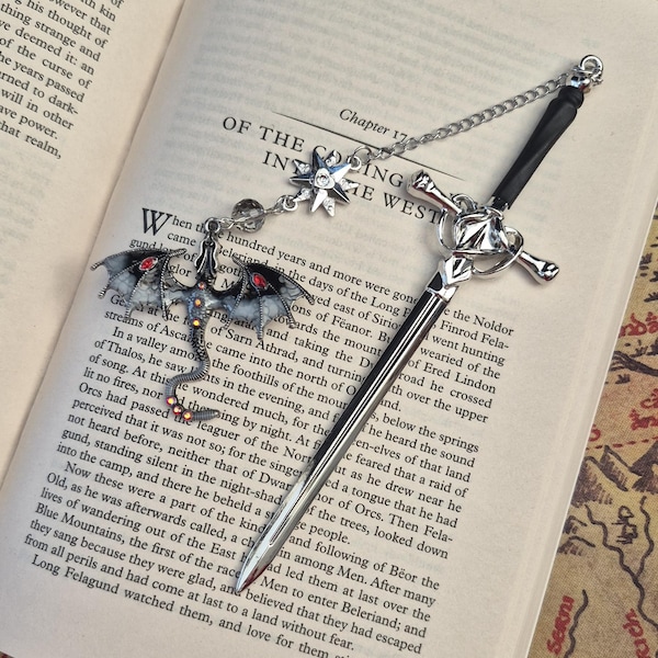 Fantasy Sword, With Dragon Pendant Metal Bookmark