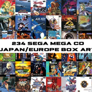 Puede incluir: Un collage de carátulas de juegos de Sega Mega CD de Japón y Europa. La imagen presenta una variedad de portadas de juegos, mostrando diversas ilustraciones y títulos. El texto en la imagen dice "234 SEGA MEGA CD JAPAN/EUROPE BOX ART".