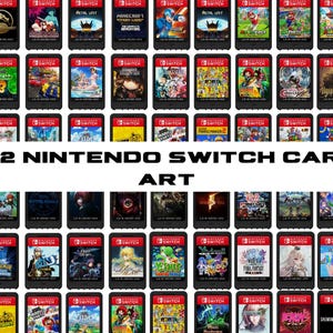 以下が含まれることがあります： 512個のNintendo Switchゲームカートリッジのコレクション。各カートリッジは、赤い縁取りのある黒いケースに入っており、ゲームアートが特徴です。画像には、さまざまなゲームタイトルが含まれています。