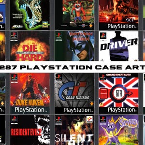 May include: A collage of 287 PlayStation game cases, featuring a variety of popular titles, including Crash Bandicoot, Grand Theft Auto, and Resident Evil. The cases are arranged in a grid pattern, with each case showcasing a different game.