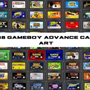 Puede incluir: Una cuadrícula de cartuchos de juegos de Game Boy Advance. La imagen presenta una variedad de títulos de juegos, con el texto "988 GAMEBOY ADVANCE CART ART" en un cuadro blanco. Los cartuchos son de varios colores, con títulos de juegos visibles.