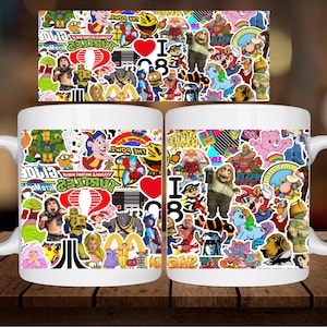 May include: Two white ceramic mugs featuring a colourful collage of 1980s cartoon characters and logos. The mugs depict characters from Teenage Mutant Ninja Turtles, The Powerpuff Girls, Care Bears, and more. These mugs are a great way to show your love for 1980s nostalgia.