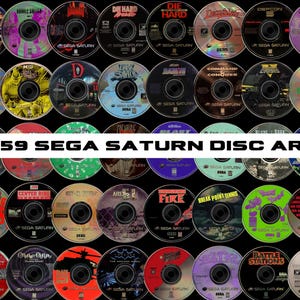 Op de afbeelding: Een verzameling Sega Saturn game discs, met verschillende speltitels en kleurrijke illustraties. De afbeelding bevat de tekst "259 Sega Saturn Disc Art" in een witte banner. De schijven zijn in rijen gerangschikt tegen een zwarte achtergrond.