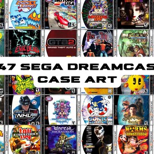 Pode incluir: Uma colagem de 247 caixas de jogos Sega Dreamcast. As caixas estão dispostas em uma grade e apresentam uma variedade de títulos de jogos diferentes, incluindo Sonic Adventure, Resident Evil 2 e Grand Theft Auto 2.