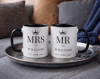 Gepersonaliseerde mokset meneer en mevrouw, pasgetrouwd huwelijkscadeau, 11 oz en 15 oz
