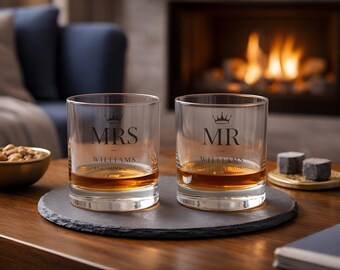 Gepersonaliseerde meneer en mevrouw Rocks Glass, whiskyglasset 10,5 oz, aangepast huwelijkscadeau, verlovingsgunst