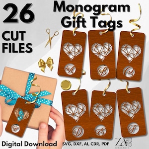 26 Monogram Personalized Gift Tags SVG Files & Laser Cut Files for Glowforge, CNC, Laser Cutting Machines, Christmas Gift Tags, Custom Tags