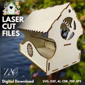 File di taglio laser e file SVG per mangiatoie per casette per uccelli, modelli per Glowforge, macchine da taglio CNC e laser, mangiatoie per uccelli e casette per uccelli DXF