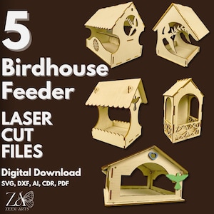 5 Vogel Futterhaus Laser Cut Dateien & SVG-Dateien Vorlagen für Glowforge, CNC, Laserschneidmaschinen | Hängendes Vogelhaus, Vogelhaus aus Holz