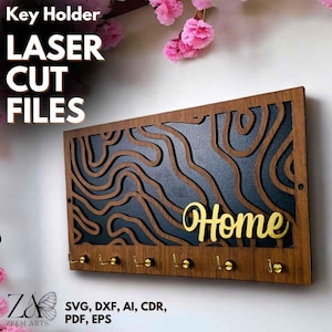 Laser Cut Files of Rectangular Wall Key Holder for Glowforge, CNC Laser Cutting Machines, SVG Files, Personalized Key Holder, Key Holders