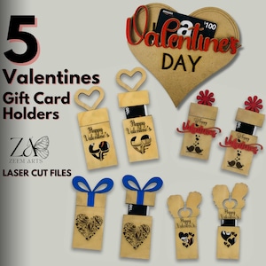5 Valentines Gift Card Holder Laser Cut Files & SVG Files Template for Glowforge, CNC, Laser Cutting Machines, Gift Card Holders, Money Card