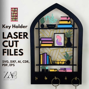 Bogen Schlüsselhalter Laser Cut Dateien für Glowforge, CNC Laser-Schneidemaschinen, SVG-Dateien, personalisierter Schlüsselaufhänger, Miniatur-Bücherregal