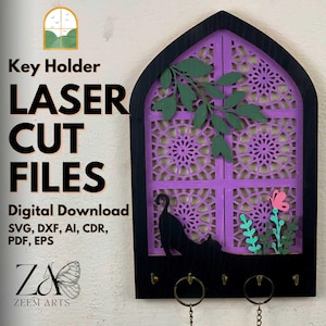 Archivos cortados con láser: llavero con diseño de gato en una ventana para pared, para máquinas de corte por láser, plasma y CNC Glowforge, plantillas de llavero, archivos SVG