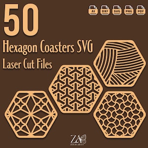 50 Hexagon Untersetzer SVG-Dateien & Laser Cut-Dateien für Glowforge, CNC, Laser-Schneidemaschinen, Holzuntersetzer, benutzerdefinierte Untersetzer