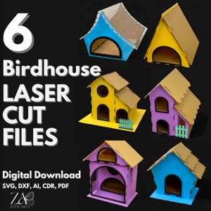 Bird House 6 File di taglio laser e file SVG Modello per macchine da taglio Glowforge, CNC, plasma e laser, mangiatoie per uccelli e casette per uccelli DXF